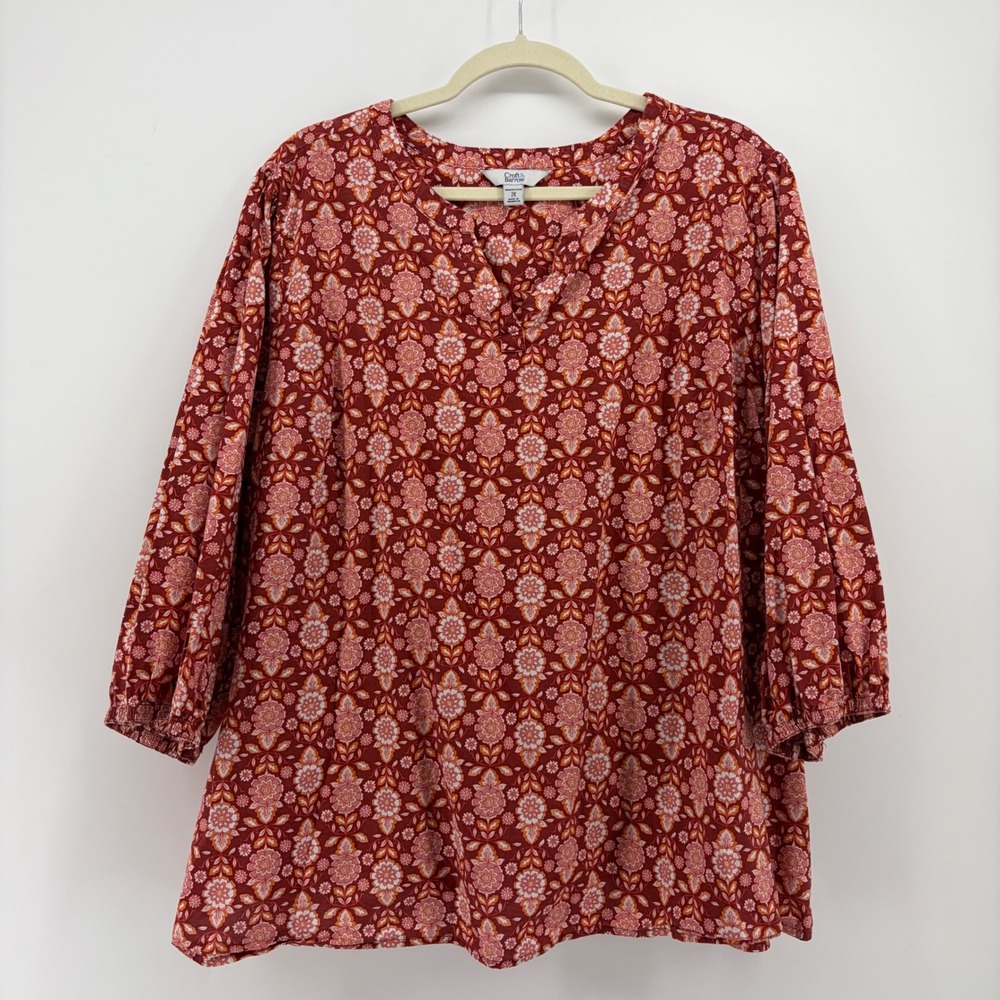Croft & Barrow Womens 2X Red Floral Cotton Blouse 3/4 Sleeve Split Neck Top